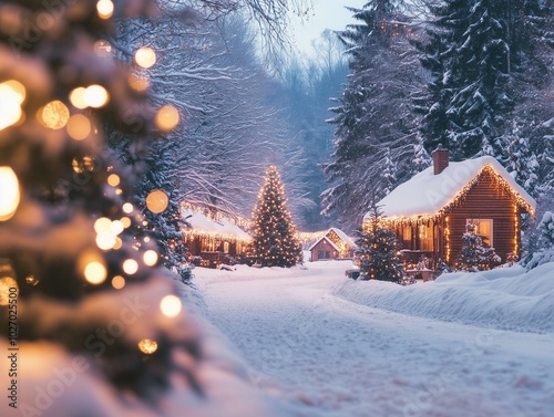Fototapeta Naklejka Na Ścianę i Meble -  Winter evening scene of a small village with decorated cozy cottages with warm soft light in the windows, a street with Christmas festive atmosphere. The houses stand surrounded by snowy firs.