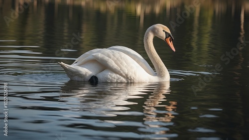 Graceful swan swimming on a calm lake with reflection on the water.