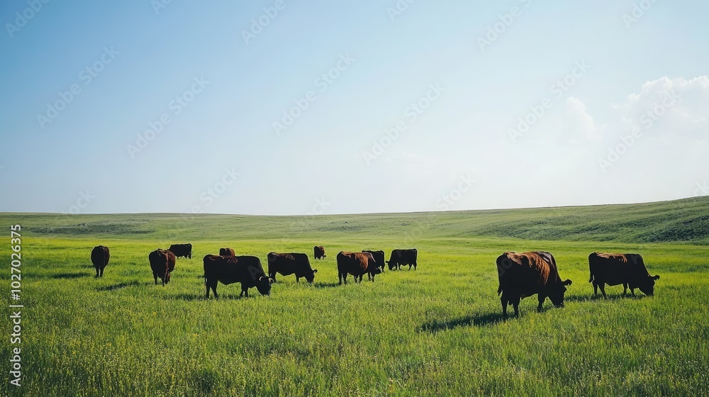 Cattle Grazing on Open Green Pasture Under Clear Sky Cattle Grazing on Open Green Pasture Under Clear Sky