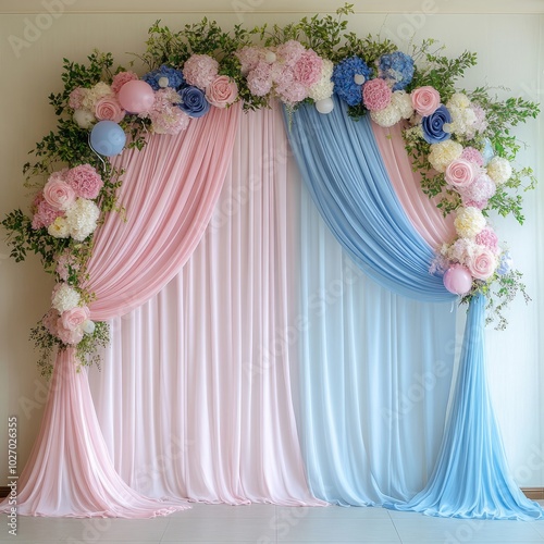 A backdrop for a special event with pink and blue fabric drapes, decorated with artificial flowers and balloons.