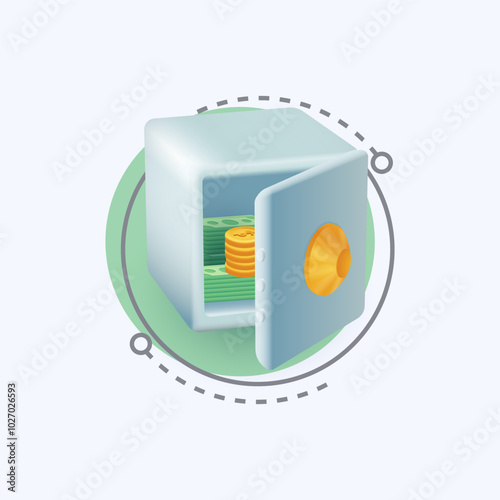 Gold coins and banknotes in vault 3d cartoon style icon. Safe deposit with opened door flat vector illustration. Cash or currency protection, safety, finance, wealth concept