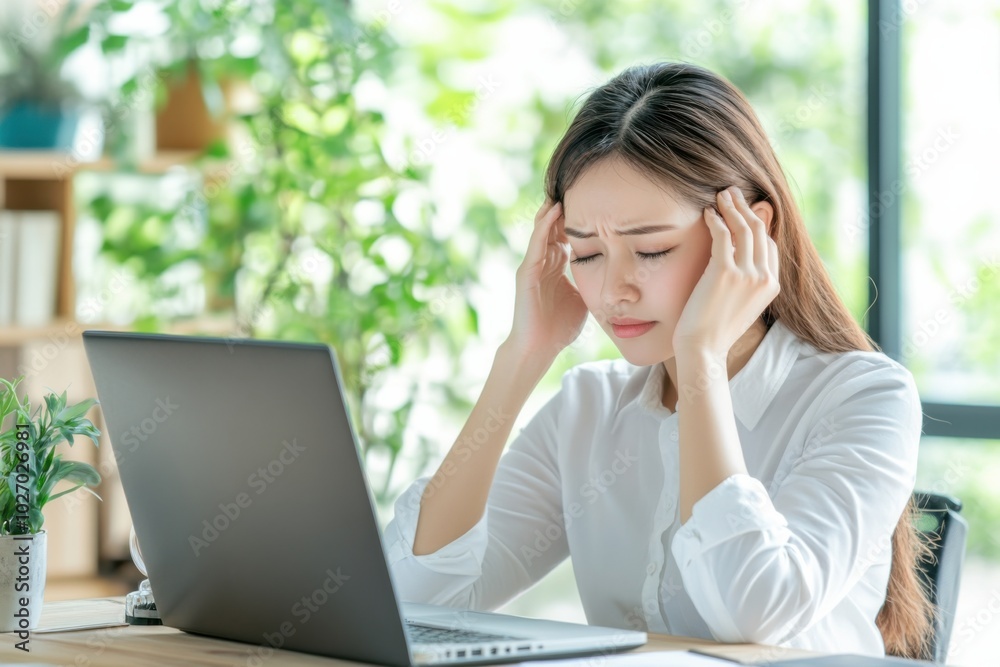 A businesswoman in a white shirt, slumped in front of her laptop, massaging her temples from burnout and stress A businesswoman in a white shirt, slumped in front of her laptop, massaging her temples from burnout and stress
