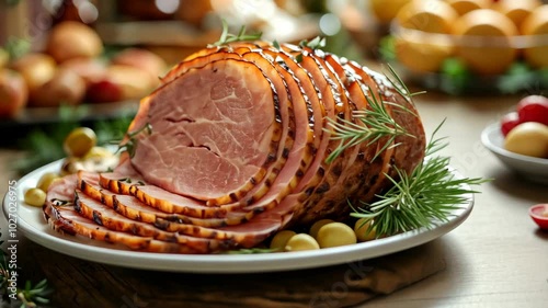 A sliced ham garnished with rosemary sits on a white plate with olives