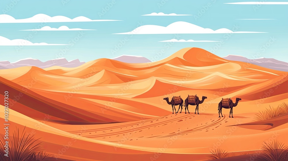 Serene Desert Landscape in Dubai with Camels Serene Desert Landscape in Dubai with Camels