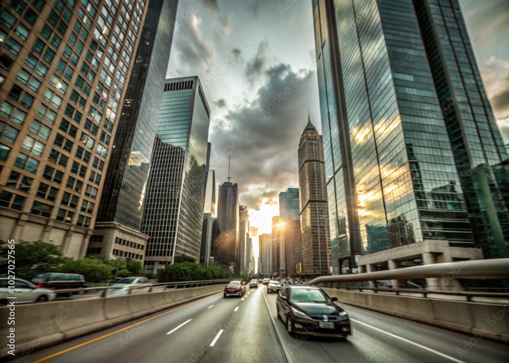 Naklejka premium Stunning Cityscape: Driving Through Skyscrapers with a Tilt-Up Perspective for Urban Photography