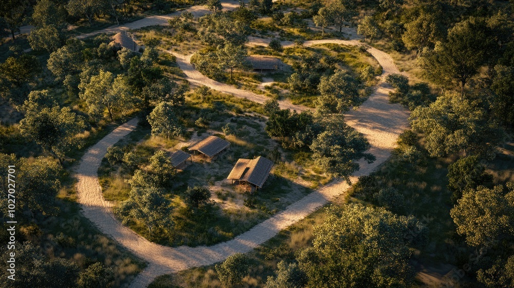 Scenic Ranch with Winding Dirt Paths and Rustic Cabins Scenic Ranch with Winding Dirt Paths and Rustic Cabins