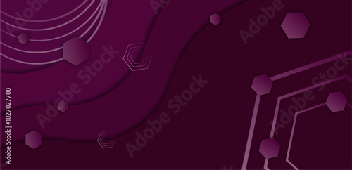 A dark purple abstract background featuring flowing lines and layered hexagonal shapes, creating a futuristic and minimalistic design with depth and dimension.