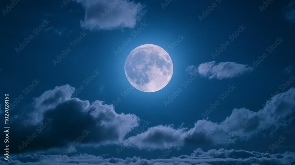 Bright full moon illuminating soft clouds in a tranquil night sky Bright full moon illuminating soft clouds in a tranquil night sky