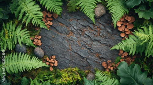 A Stone Surrounded by Lush Green Ferns and Moss photo