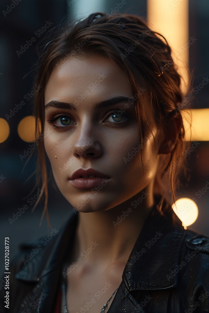 Close up Portrait of a Woman with Green Eyes in a Leather Jacket Close up Portrait of a Woman with Green Eyes in a Leather Jacket