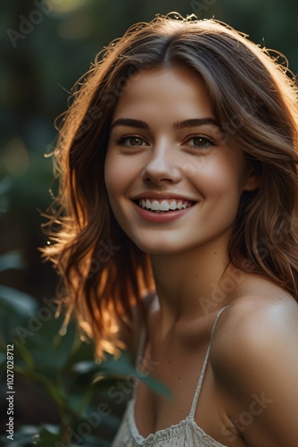 Beautiful Woman Smiling in Nature with Brown Hair