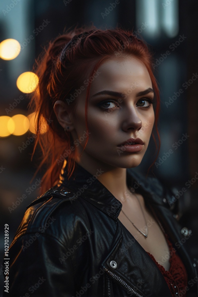 Redhead Woman in Black Leather Jacket Looking Away in Urban Setting Redhead Woman in Black Leather Jacket Looking Away in Urban Setting