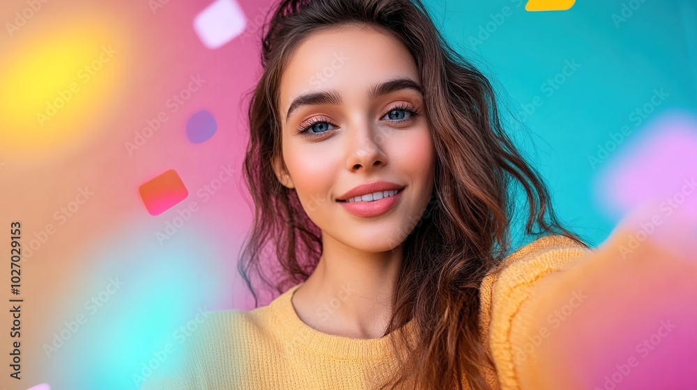 Cheerful Young Woman Taking a Selfie with Colorful Background Cheerful Young Woman Taking a Selfie with Colorful Background