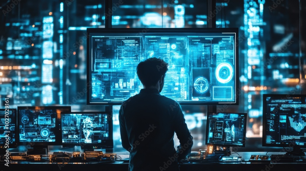 Futuristic Digital Science Workspace with Tech Interfaces Futuristic Digital Science Workspace with Tech Interfaces