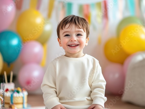Kids blank shirt mockup. Standing toddler boy model in natural sweatshirt, festive background with balloons. Birthday boy tshirt mockup. Children's birthday mockup, empty long sleeve shirt template. 