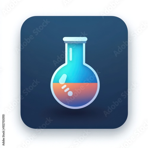 Colorful laboratory flask illustration on a blue background, representing chemistry and scientific exploration. mobile application icons photo