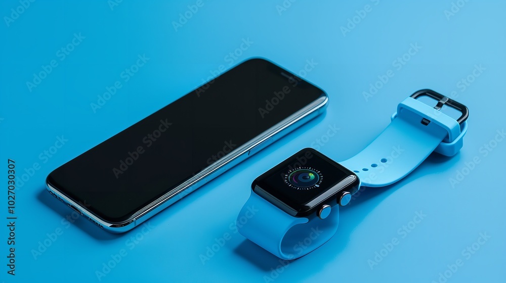 new smartphone and wristwatch. The smartphone and smart watch are resting on a blue backdrop, Generative AI.