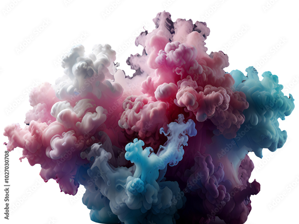 Acrylic color pigment and ink cloud in water. Abstract smoke on white background with copy space. Fancy dream cloud of ink underwater. Purple, blue and pink Acrylic color pigment and ink cloud in water. Abstract smoke on white background with copy space. Fancy dream cloud of ink underwater. Purple, blue and pink