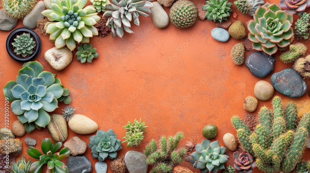 Fototapeta premium Succulents and Cacti Bordering Orange Background