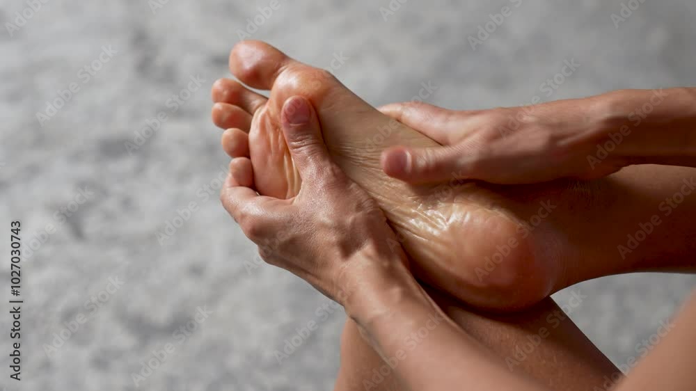 Young woman massaging her legs with hand while sitting on sofa Young woman massaging her legs with hand while sitting on sofa
