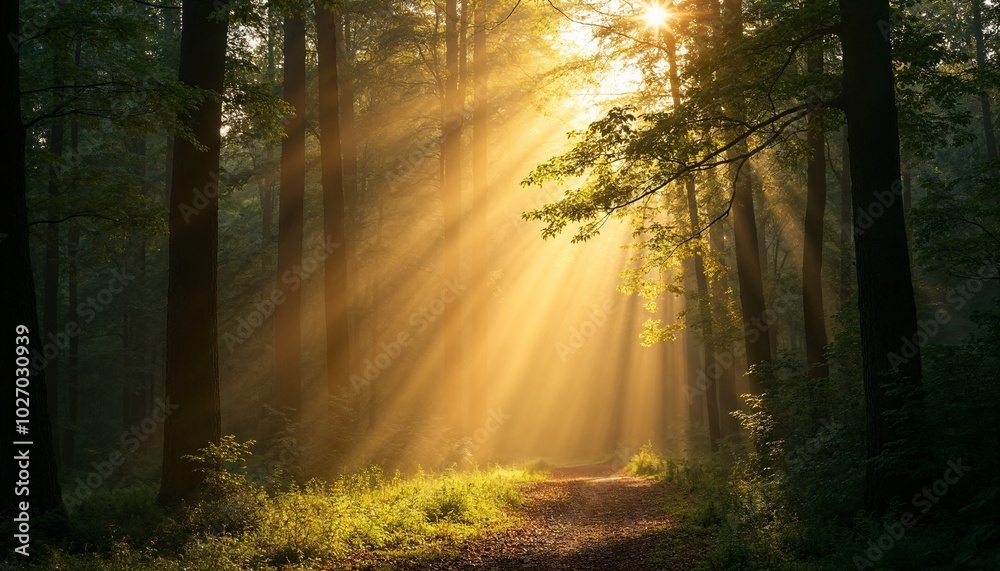 Obraz premium Peaceful Sunlight Filtering Through Lush Green Forest Path