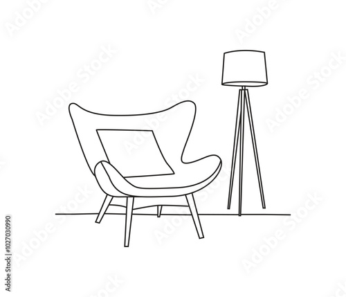  continuous one line drawing of sofa and floor lamp and table with plant. Modern interior design simple Linear style. furniture vector illustration