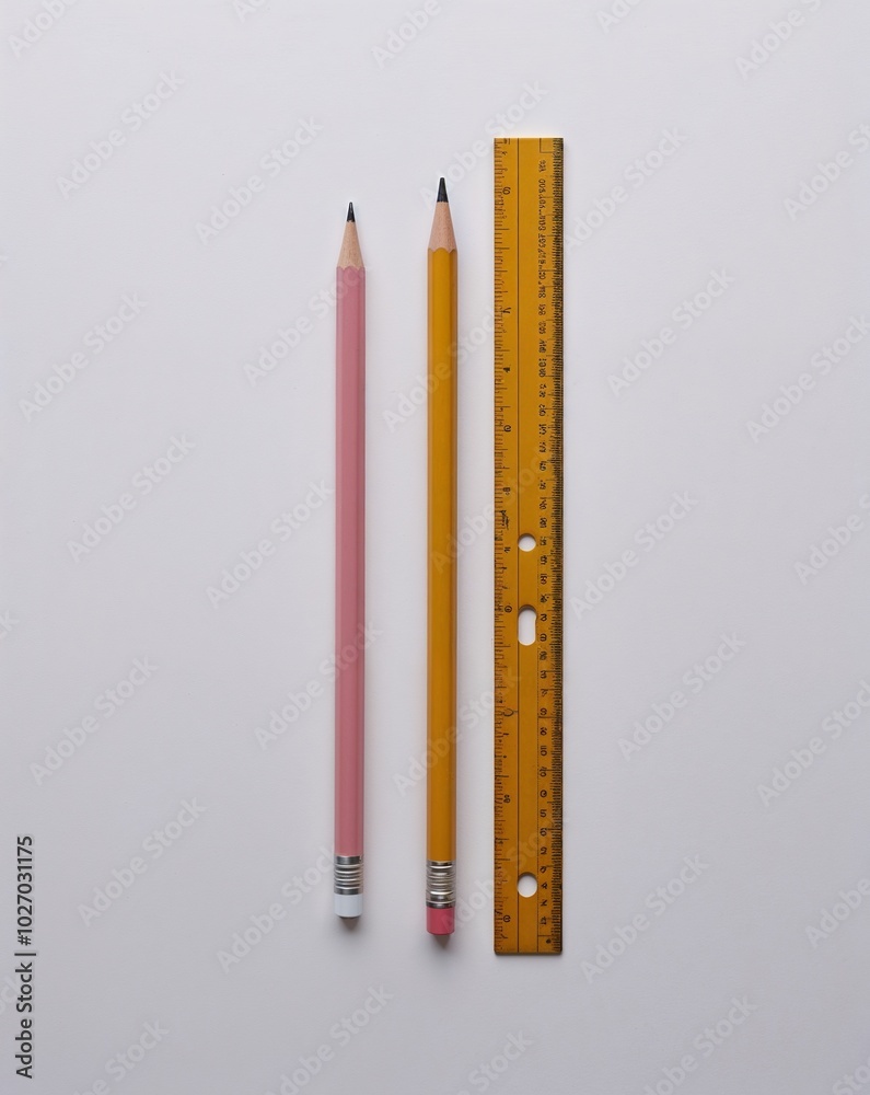 a pencil and ruler on plain white background a pencil and ruler on plain white background