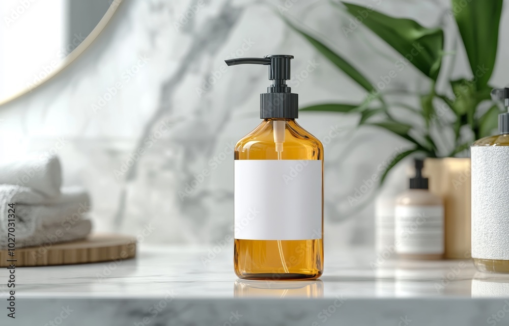 Amber glass bottle with a pump dispenser on a white marble countertop. Amber glass bottle with a pump dispenser on a white marble countertop.