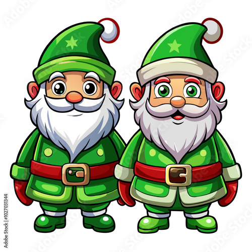 Jolly Green Santas: Festive duo of Santa Clauses dressed in green suits, with white beards and jolly smiles. perfect for Christmas cards, social media, and holiday decorations.  