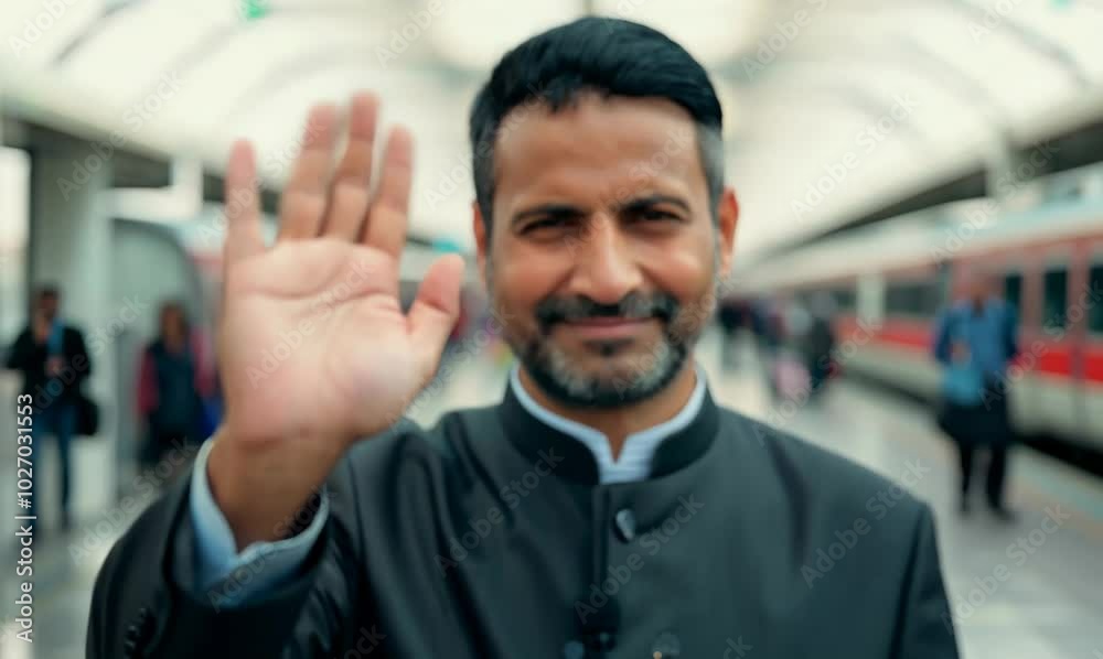 Syrian Man Waving Goodbye at Busy Train Station Syrian Man Waving Goodbye at Busy Train Station