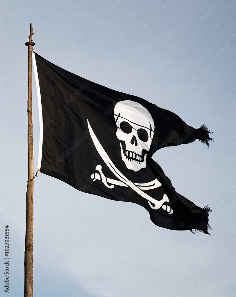 Fototapeta premium a pirate flag flying high on plain white background