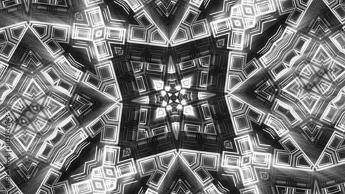 glowing 3d mandala silver monochrome box frame pattern rotating, vj loop background