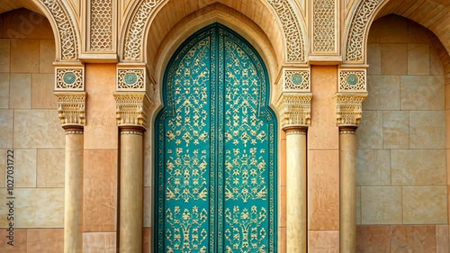 A beautiful, ornate door with intricate details stands under an arched doorway in a building with tan stone walls