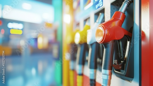 A close-up of a fuel pump with multiple nozzles in a brightly lit gas station environment. photo