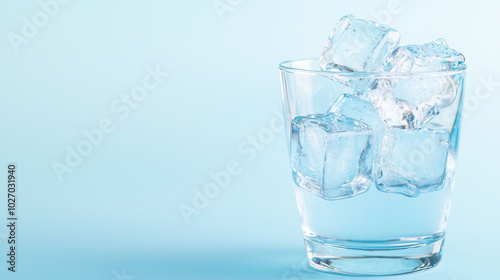 Refreshing clear water with ice cubes in a minimalist glass setup