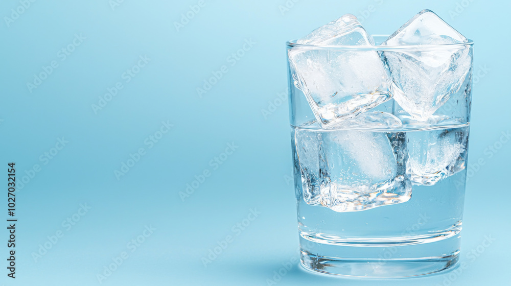 Refreshing crystal-clear ice cubes in pure water glass against blue backdrop Refreshing crystal-clear ice cubes in pure water glass against blue backdrop