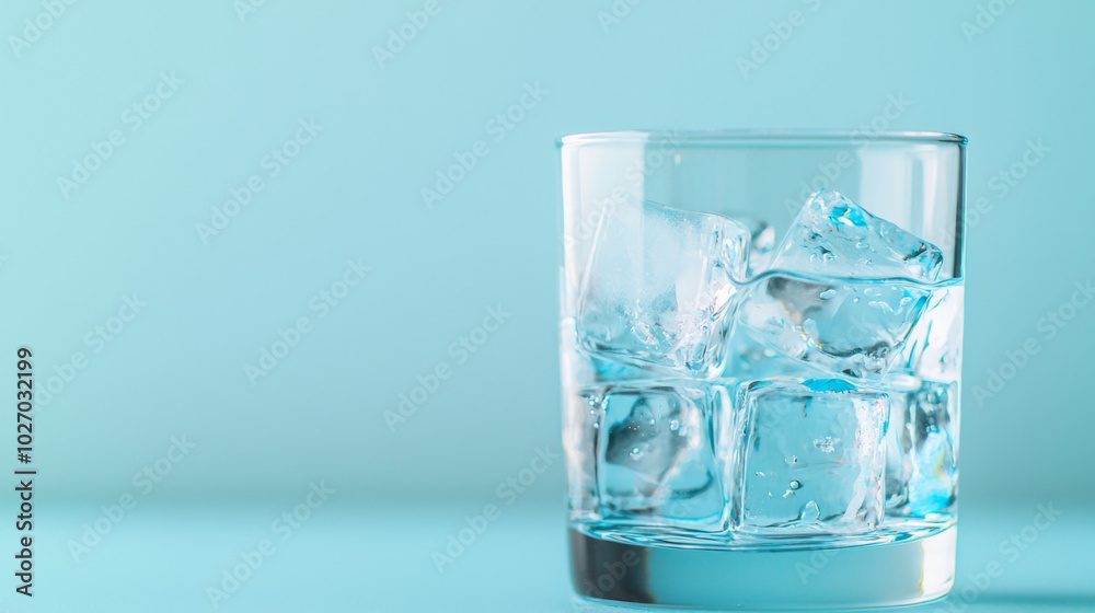Refreshing clear ice cubes in a glass of pure water against a pastel background Refreshing clear ice cubes in a glass of pure water against a pastel background