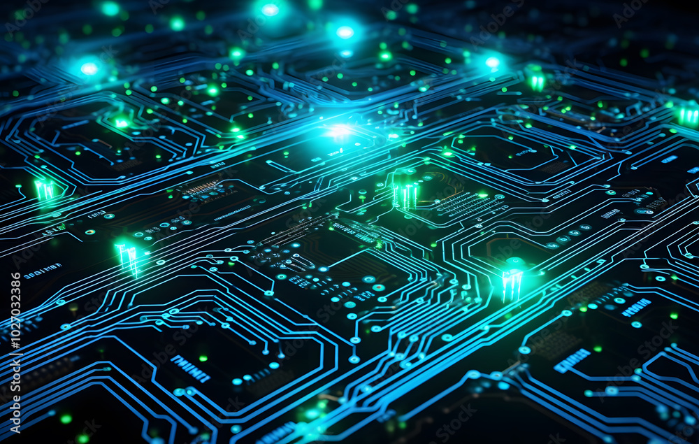 Abstract close-up of a printed circuit board showcasing intricate electronic patterns and components Abstract close-up of a printed circuit board showcasing intricate electronic patterns and components