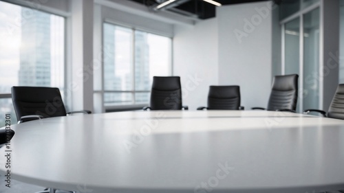 round office meeting room near the windows with round white table and chairs near the window