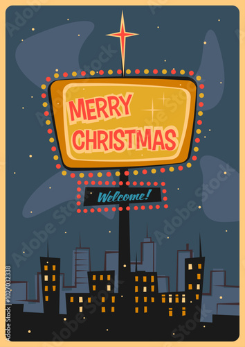 Merry Christmas Retro Greeting Card, Retro Cartoon Style Cityscape, Signboard, 1960s Christmas Illustration, Sixties Colors and Style 