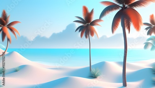 Tranquil beach landscape with gentle waves and palm trees in 3D style