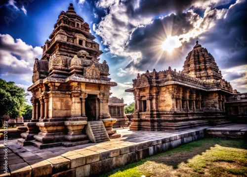 Stunning High Dynamic Range Image of an Indian Temple Archaeological Site Surrounded by Lush Nature and Ancient