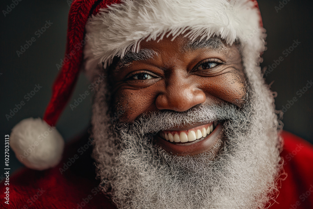 Close-up of a joyful black Santa Claus with a bright smile and a fluffy white beard. This image conveys holiday cheer, warmth, and the magic of Christmas. Close-up of a joyful black Santa Claus with a bright smile and a fluffy white beard. This image conveys holiday cheer, warmth, and the magic of Christmas.