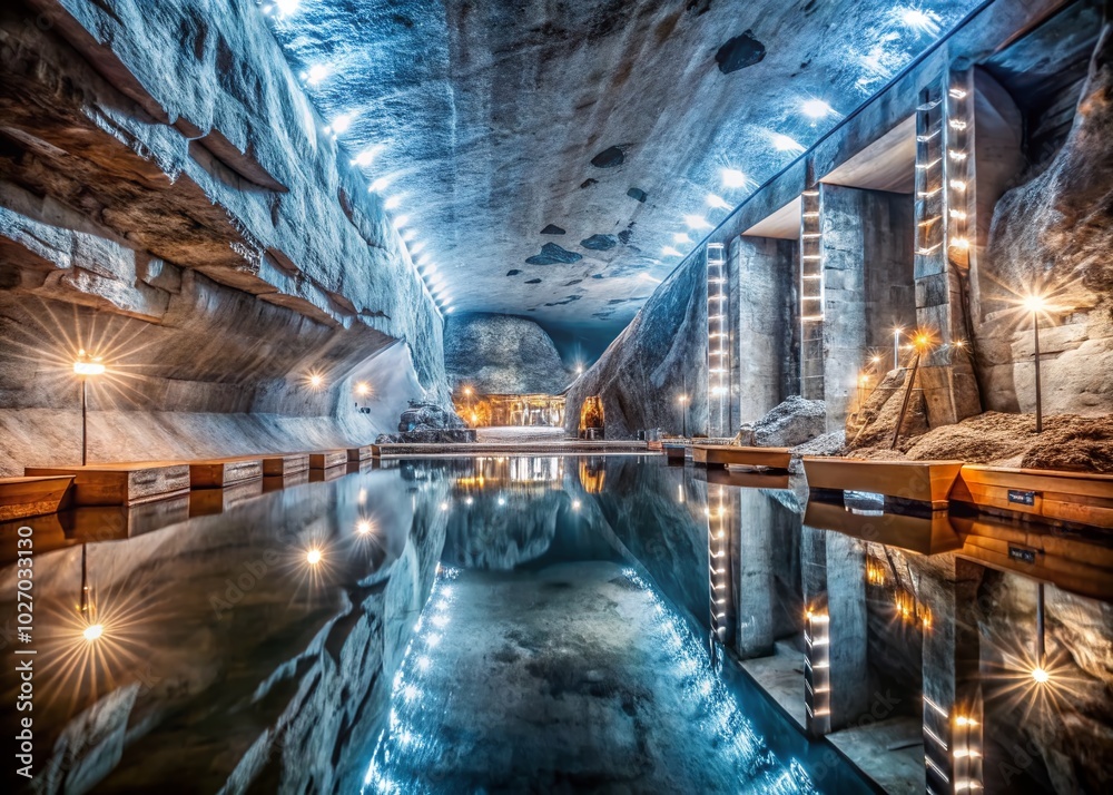 Obraz premium Stunning Interior of Targu Ocna Salt Mine with Unique Geological Features and Ample Copy Space for Creative Use