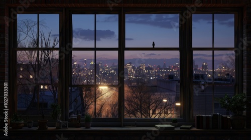 A beautiful view of the city from the window in the evening.