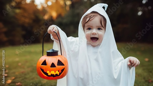 A cute child dressed in a white ghost costume holds a glowing pumpkin lantern, celebrating a joyful and spooky Halloween night. photo