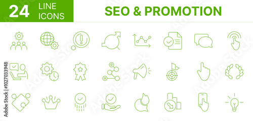 Collection of 24 SEO & promotion line icons featuring editable strokes. These outline icons depict various modes of SEO & promotion, business, market, set, web, website, media, social,