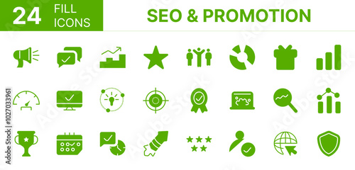 Collection of 24 SEO & promotion fill icons featuring editable strokes. These outline icons depict various modes of SEO & promotion, business, market, set, web, website, media, social,