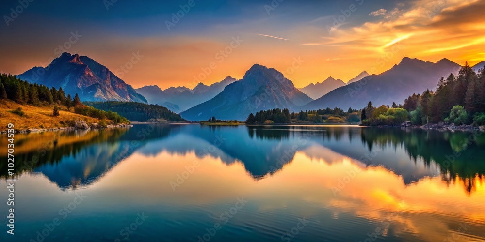 Stunning low-light capture of Montenegro's mountain lake at dusk, showcasing ethereal reflections and vibrant hues that create a magical atmosphere Stunning low-light capture of Montenegro's mountain lake at dusk, showcasing ethereal reflections and vibrant hues that create a magical atmosphere