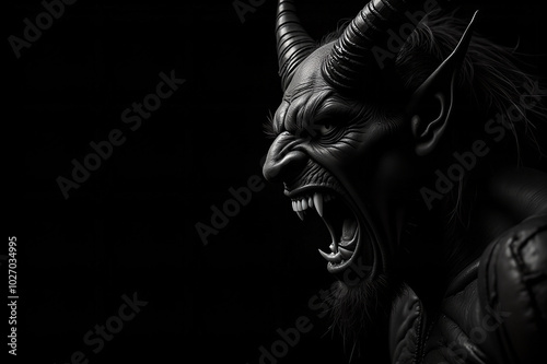 Angry devil profile with copy space for text - black background - yelling, shouting, screaming - god of evil - hell concept art - Leviathan, Astaroth, Mammon, Baal